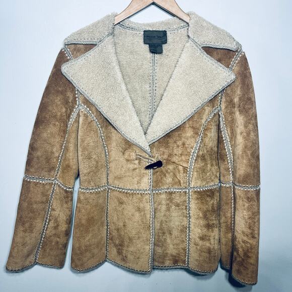 Brandon Thomas VTG Y2K Coat Brown Suede Leather Fleece Lined Toggle Button M - Picture 1 of 7